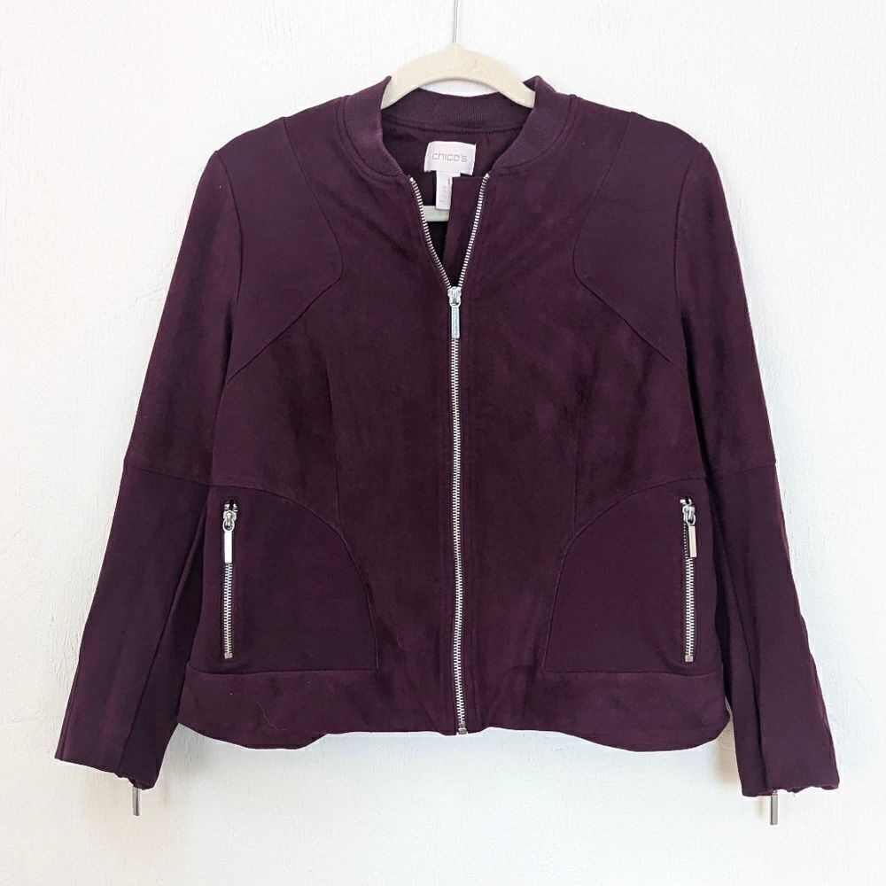 Chico's Blazer Jacket Women's 1 Petite (8 Medium) Faux Leather Wine Colored